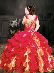 Red Straps Ball Gown 2014 Little Girl Pageant Dress with Ruffles with Appliques
