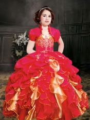 Red Straps Ball Gown 2014 Little Girl Pageant Dress with Ruffles with Appliques