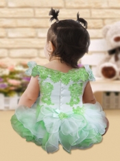 Romantic A-Line Mini-length Appliques Bowknot Green and White Little Girl Dress with  V-neck