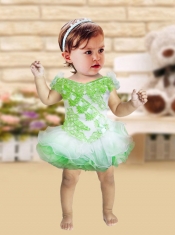Romantic A-Line Mini-length Appliques Bowknot Green and White Little Girl Dress with V-neck