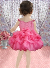 Rose Pink Beading and Ruffles Mini-length Little Girl Dress with Off the Shoulder