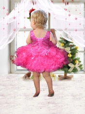Rose Pink Scoop Beading and Ruffles Little Girl Dress with Lace-up
