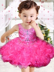 Rose Pink Scoop Beading and Ruffles Little Girl Dress with Lace-up