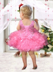 Rose Pink Scoop Beading and Ruffles Little Girl Dress with Lace-up