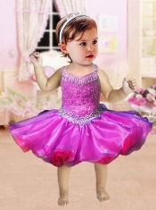 Short Beading and Ruffles Straps 2014 Little Girl Dress in Fuchsia