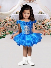 Short Off the Shoulder Backless Royal Blue Little Girl Dress with Beading