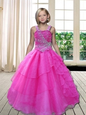 Simple Hot Pink Straps Beading Ball Gown Little Girl Pageant Dress with Ruffled Layers