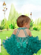 Sweet Ball Gown Halter Top Tea-length Beading Bowknot Green Little Girl Dresses