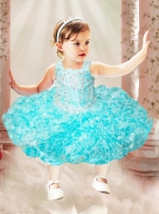 Sweet Ball Gown Straps Tea-length Beading Bowknot Light Blue Little Girl Dress