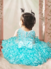 Sweet Ball Gown Straps Tea-length Beading Bowknot Light Blue Little Girl Dress