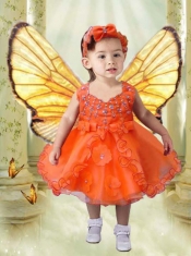 V-neck A-Line Luxurious Hand Made Flowers and Ruffles Spring Green Little Girl Dress