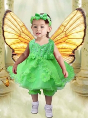 V-neck A-Line Luxurious Hand Made Flowers and Ruffles Spring Green Little Girl Dress