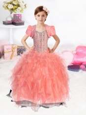 Watermelon Straps Elegant Little Girl Pageant Dress with Beading Ruffles for 2014