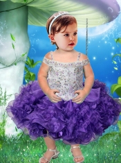 White and Purple Straps Tea-length 2015 Little Girl Dresses with Beading and Bowknot