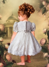 White Short Sleeves Lace and Beading Little Girl Dress with Tea-length