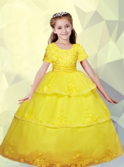 Yellow Scoop Ball Gown Appliques Little Girl Pageant Dress with Ruffled Layers for 2014