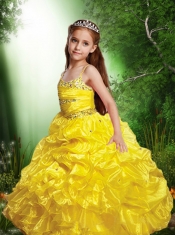 Yellow Spaghetti Straps Beading Little Girl Pageant Dress with Ruffle for 2014