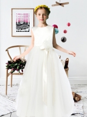 2014 A-Line Scoop Satin Floor-length Flower Girl Dress with Bowknot