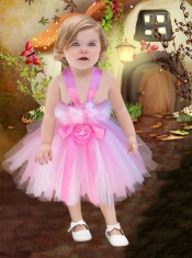 2014 A-Line Straps Hand Made Flowers Little Girl Dress in Pink