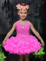 2014 Aqua Blue V-neck Mini-length Little Girl Dress with Beading and Ruffles