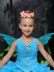 2014 Aqua Blue V-neck Mini-length Little Girl Dress with Beading and Ruffles