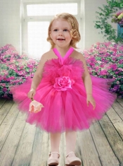 2014 Beatiful Short Knee-length Hot Pink Little Girl Dress with Straps