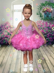 2014 Beautiful Ball Gown Beading and Ruffles Rose Pink Little Girl Dress with Halter