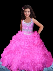 2014 Beautiful Ball Gown Halter Hot Pink Beading Little Gril Pageant Dress