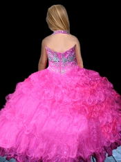 2014 Beautiful Ball Gown Halter Hot Pink Beading Little Gril Pageant Dress