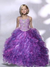 2014 Beautiful Ball Gown Purple Beading Little Gril Pageant Dress with Halter