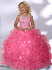 2014 Beautiful Ball Gown Purple Beading Little Gril Pageant Dress with Halter