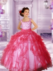 2014 Beautiful Coral Red Straps Beading Ruffles Little Girl Pageant Dresses