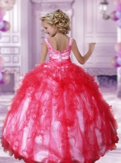 2014 Beautiful Coral Red Straps Beading Ruffles Little Girl Pageant Dresses