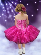 2014 Beautiful Halter Knee-length Fuchsia Beading and Ruffles Little Girl Dress