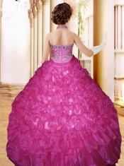 2014 Beautiful Hot Pink Halter Beading Floor-length Little Gril Pageant Dress