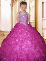 2014 Beautiful Hot Pink Halter Beading Floor-length Little Gril Pageant Dress