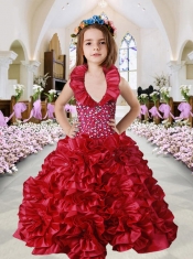 2014 Beautiful Red Ball Gown Halter Beading Little Girl Pageant Dress