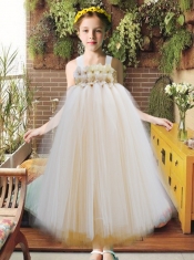 2014 Champagne A-Line Straps Ankle-length Little Girl Dresses with Appliques