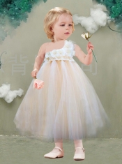 2014 Champagne A-Line Tea-length One Shoulder Little Girl Dresses