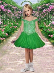 2014 Elegant Off the Shoulder Appliques Little Girl Dress with Beading