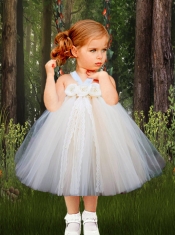 2014 Halter Bowknot Tulle Knee-length Little Girl Dress in White