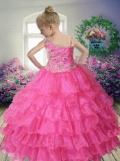 2014 Hot Pink Asymmetrical Beading Little Gril Pageant Dress with Appliques