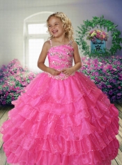 2014 Hot Pink Asymmetrical Beading Little Gril Pageant Dress with Appliques