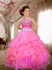 2014 Hot Pink Ball Gown Straps Little Girl Pageant Dresses with Beading
