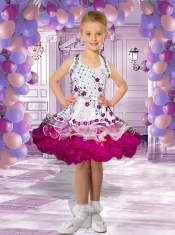 2014 Luxurious Halter Knee-length Embroidery and Ruffles White Little Girl Dress
