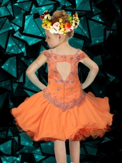 2014 Luxurious Knee-length Beading and Ruffles Orange Little Girl Dress with Off the Shoulder