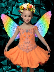 2014 Luxurious Knee-length Beading and Ruffles Orange Little Girl Dress with Off the Shoulder