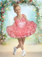 2014 Luxurious Straps Short Beading and Ruffles Watermelon Little Girl Dress