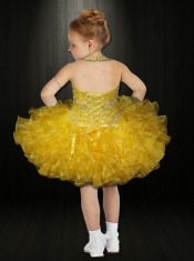 2014 Popular Halter Beading and Ruffles Hot Pink Little Girl Dress with Lace-up