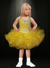 2014 Popular Halter Beading and Ruffles Hot Pink Little Girl Dress with Lace-up